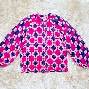Banjanan Vibrant Pink and Purple Block Print Balloon Sleeve Blouse size Large